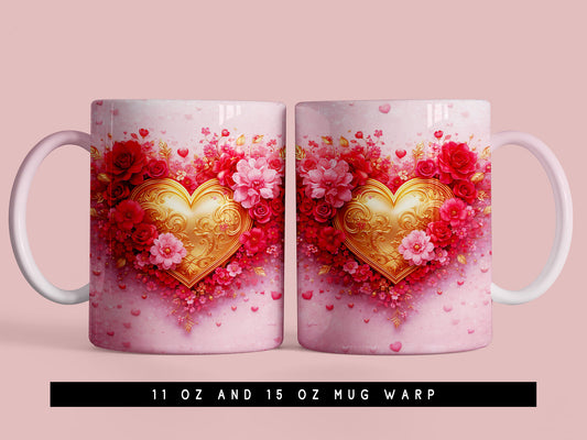 Floral Heart Valentines Mug Wrap PNG Sublimation