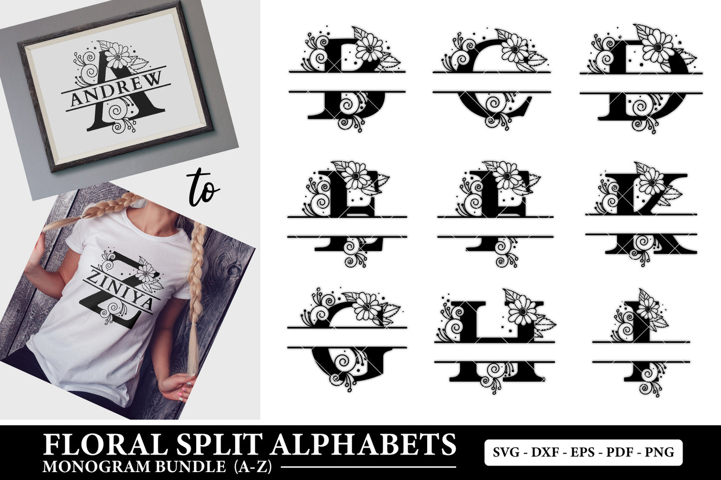 Floral Split Alphabet Monogram SVG Bundle