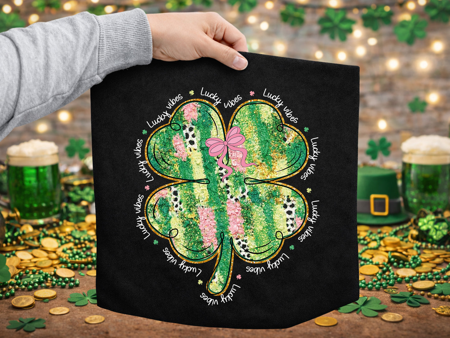 Glitter Clover Lucky Vibes St Patrick's Day PNG