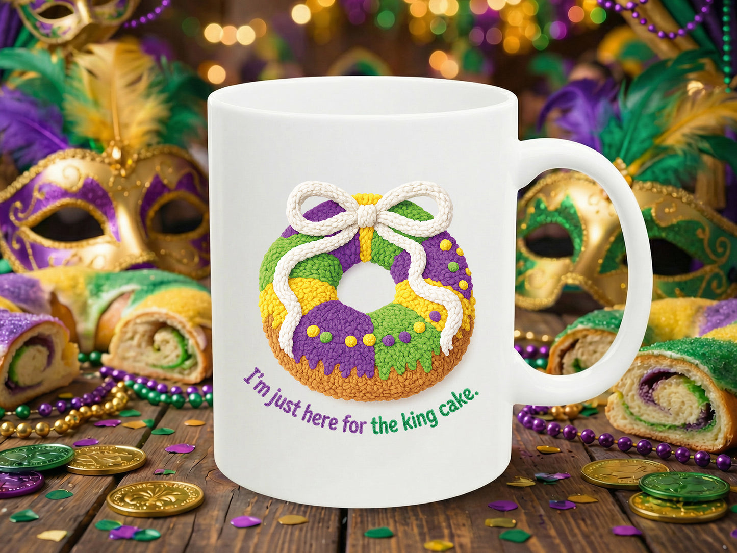 I'm Just Here for the King Cake - Faux Yarn Mardi Gras PNG