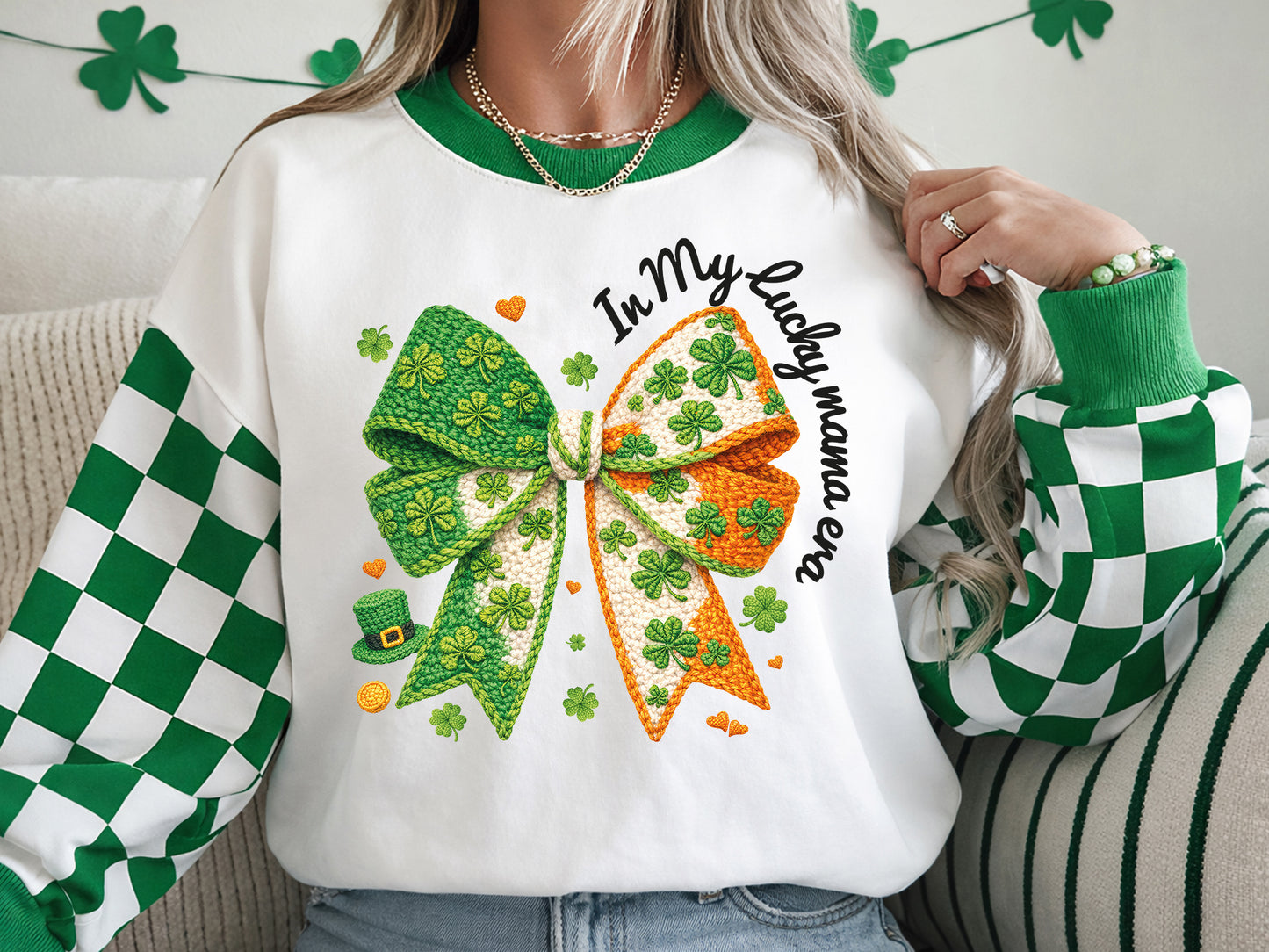 In My Lucky Mama Era, Coquette St Patrick's Day Faux Yarn PNG