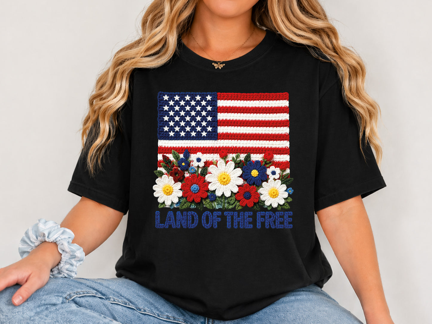 Land of the Free, Faux Yarn Floral 4th of July PNG