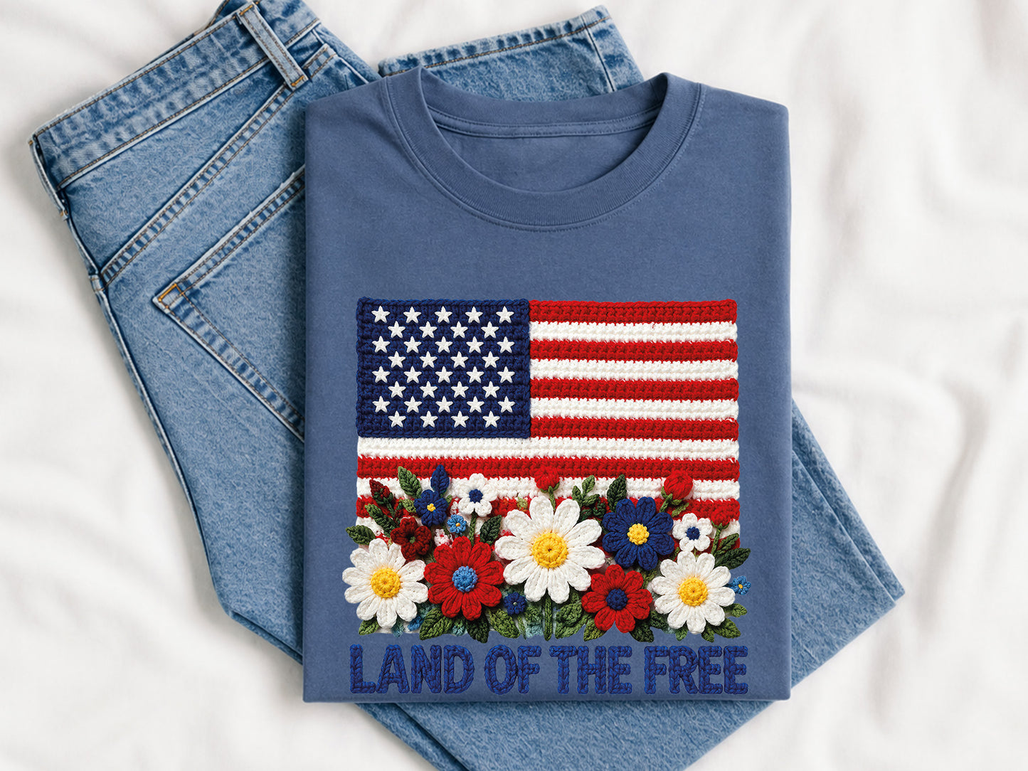 Land of the Free, Faux Yarn Floral 4th of July PNG