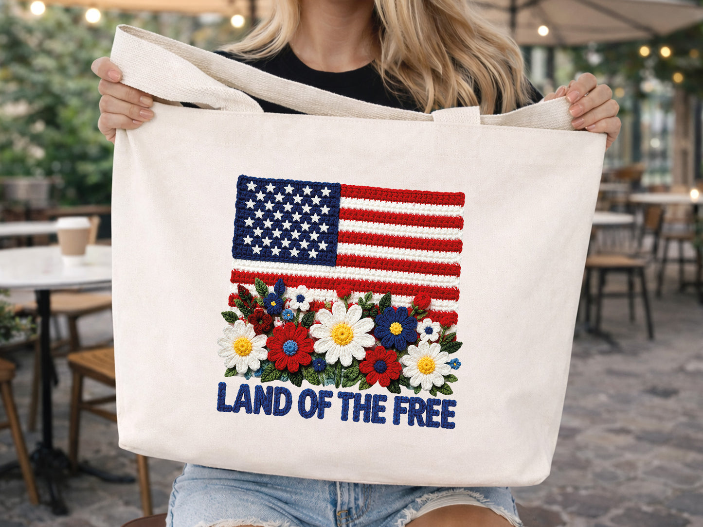 Land of the Free, Faux Yarn Floral 4th of July PNG