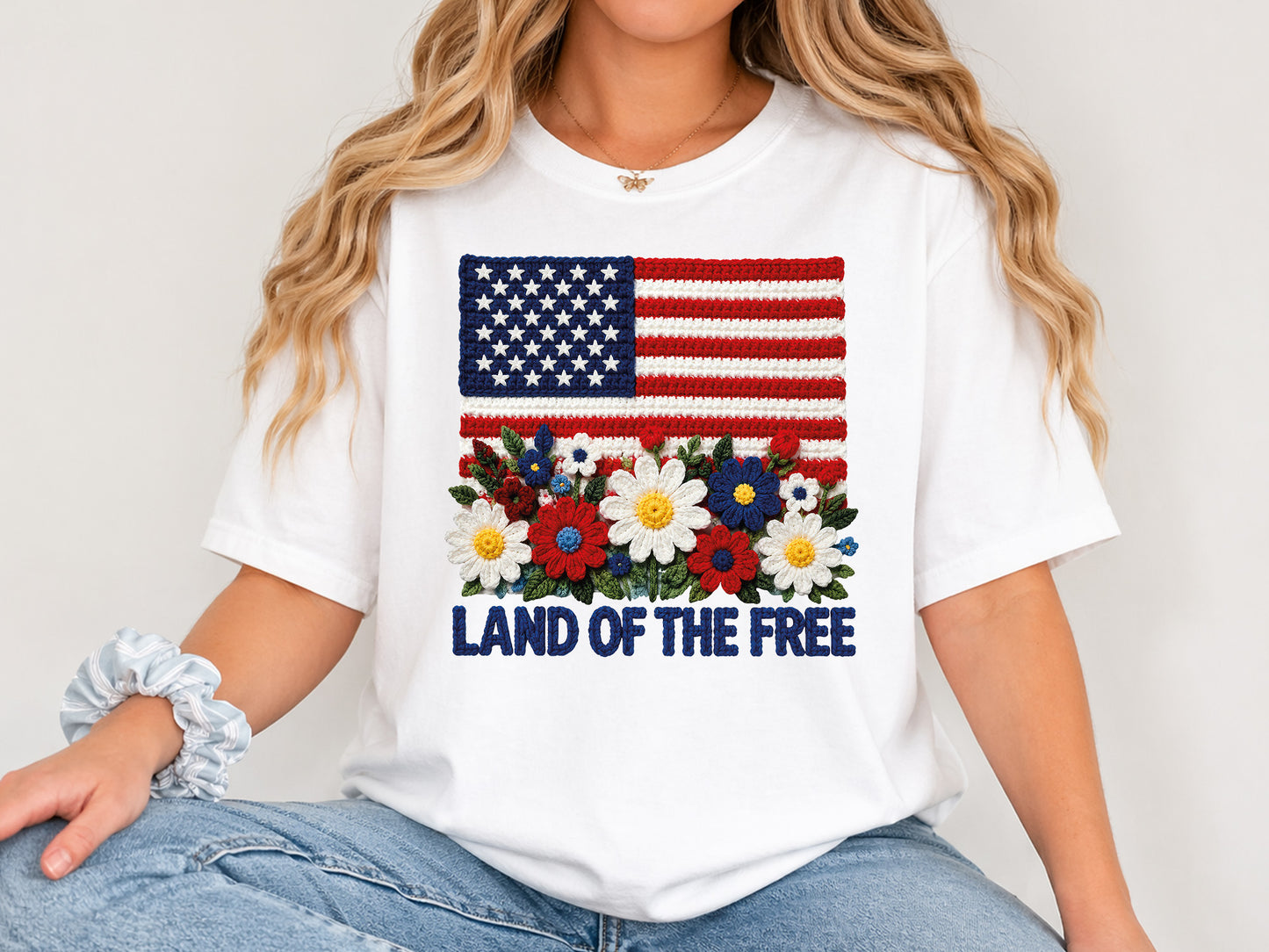 Land of the Free, Faux Yarn Floral 4th of July PNG