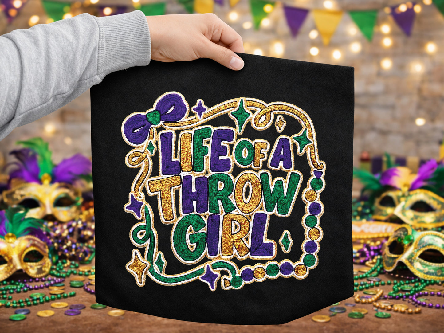 Life of a Throw Girl, Faux Yarn Mardi Gras Sublimation