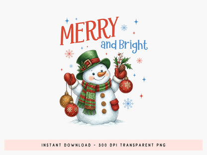 Merry and Bright, Snowman Christmas PNG