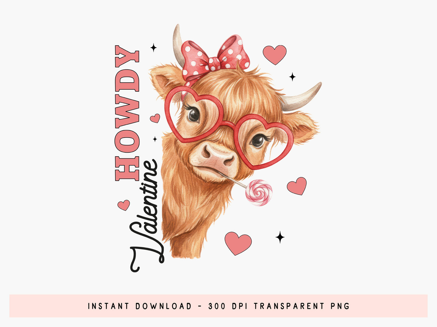 Preppy Howdy Valentine Highland Cow PNG