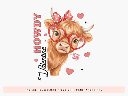 Preppy Howdy Valentine Highland Cow PNG