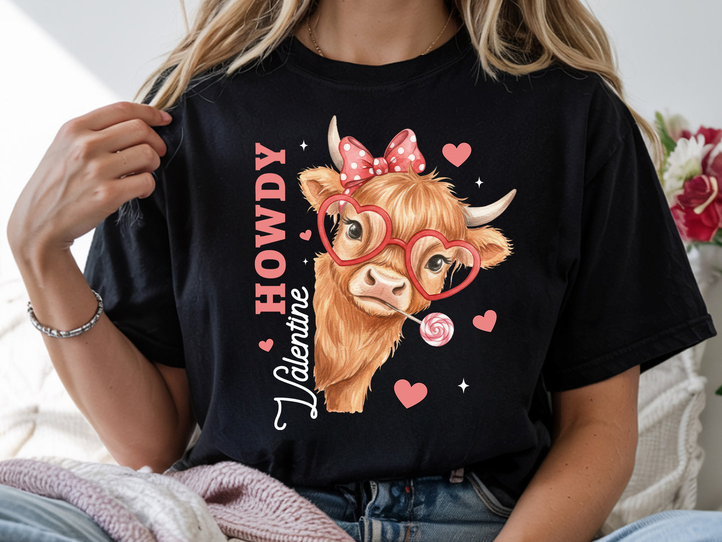 Preppy Howdy Valentine Highland Cow PNG