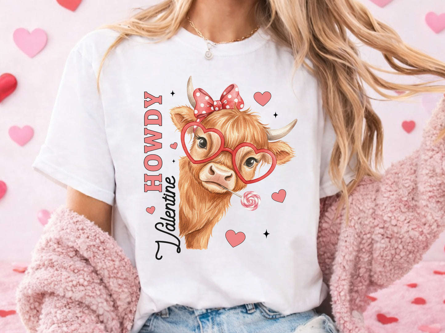 Preppy Howdy Valentine Highland Cow PNG