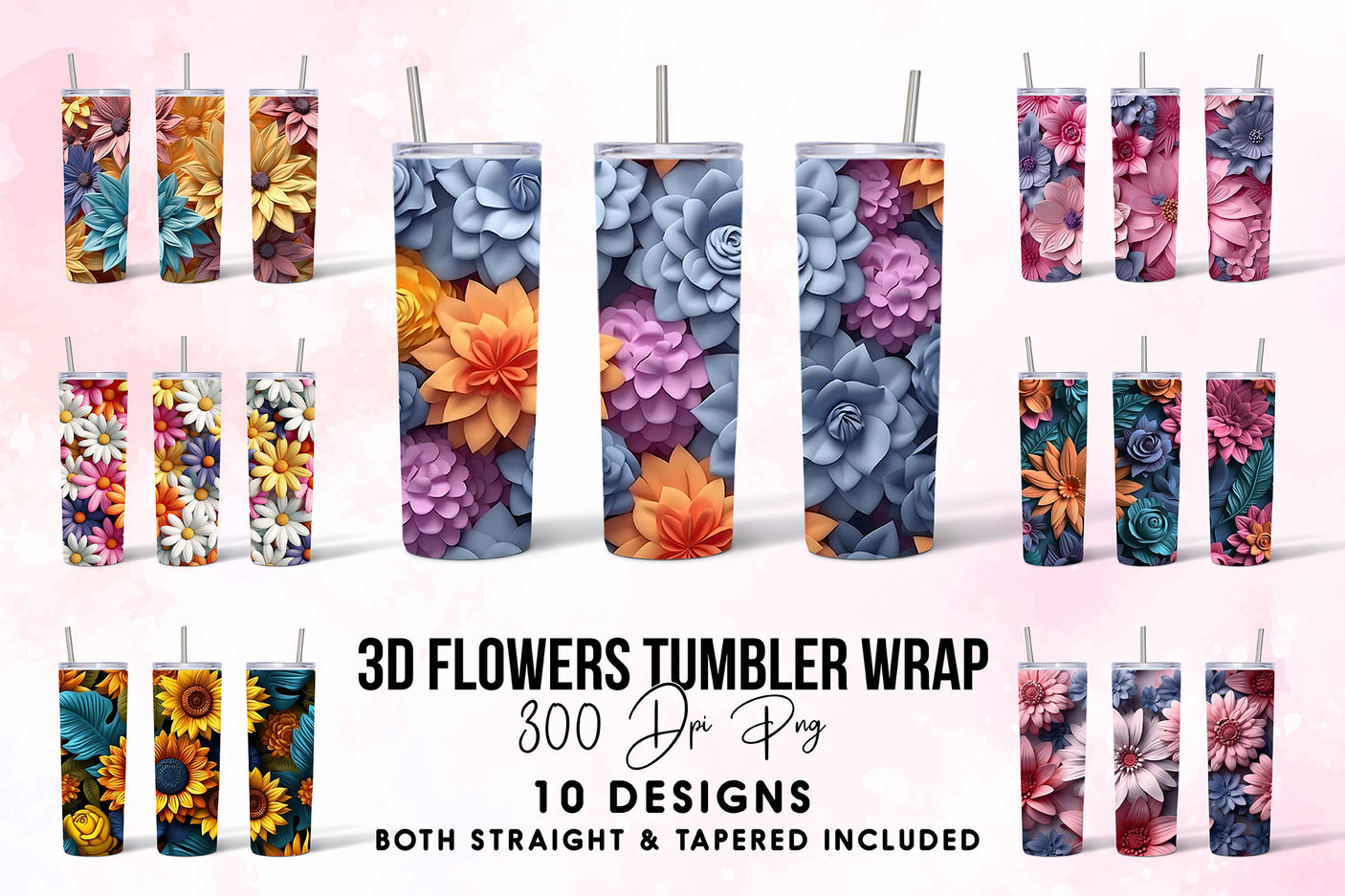 3D Flowers Tumbler Wrap PNG Bundle