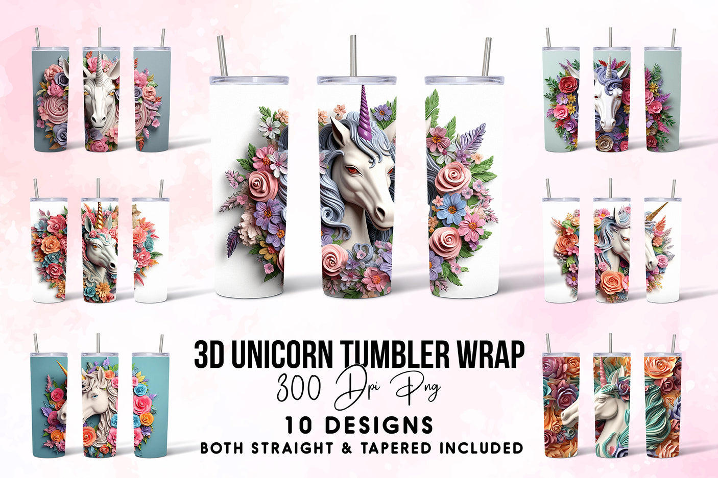 3D Unicorn Tumbler Wrap Sublimation Bundle