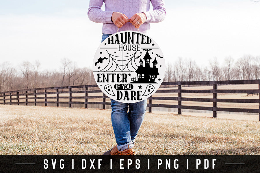 Halloween Round Sign SVG - Haunted House SVG