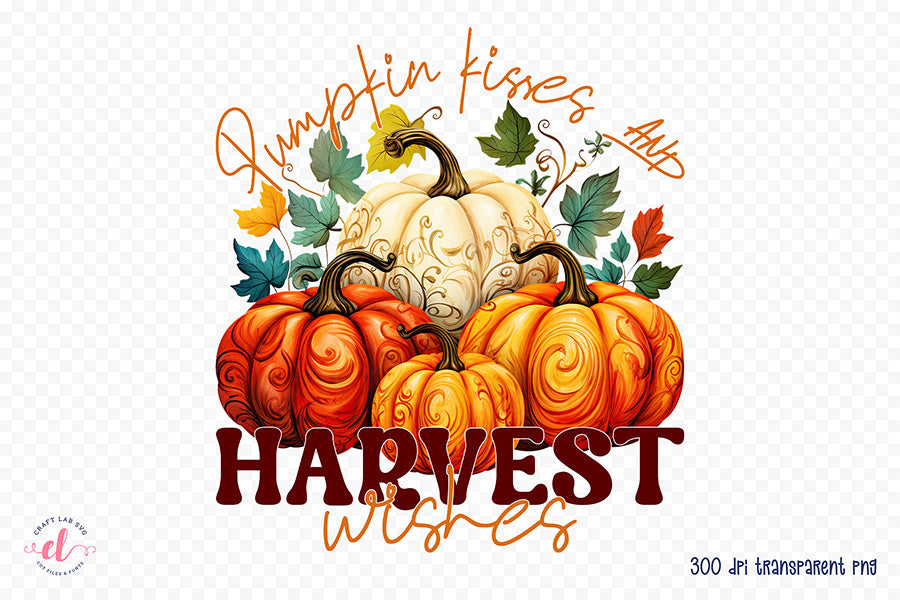 Pumpkin Kisses and Harvest Wishes - Thanksgiving PNG