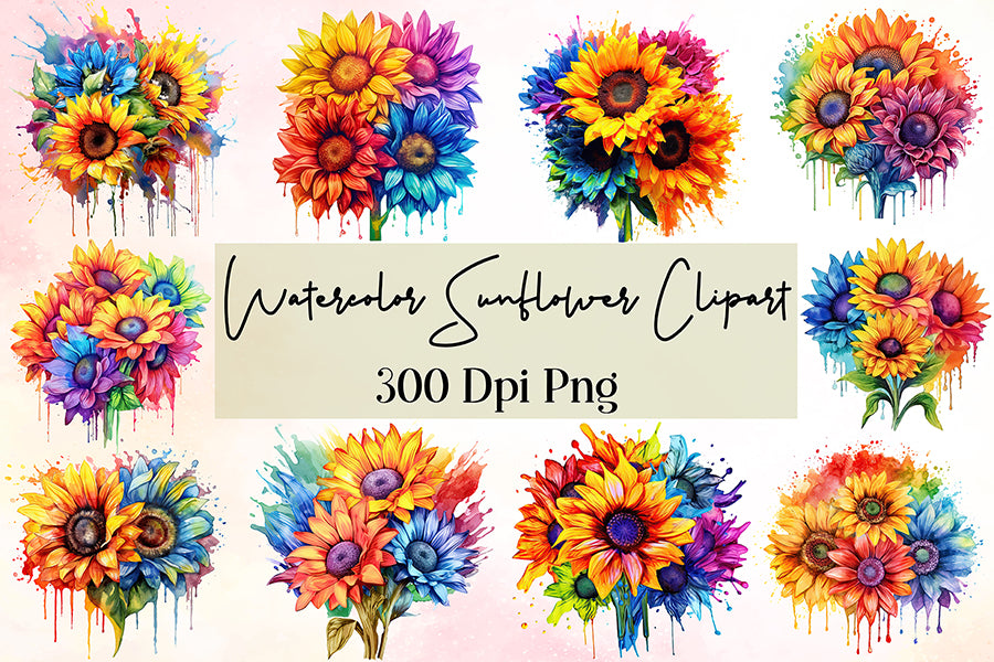 Watercolor Sunflower Sublimation Clipart Bundle