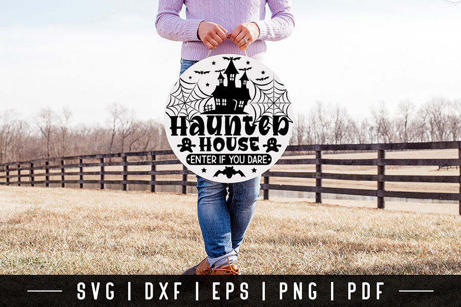 Haunted House Cut File, Halloween Round Sign SVG