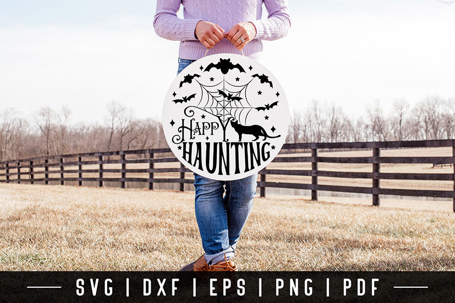 Halloween Round Sign SVG - Happy Hunting Cut File