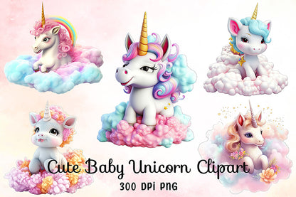 Cute Baby Unicorn Sublimation Clipart Bundle