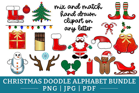Christmas Doodle Alphabet PNG Bundle