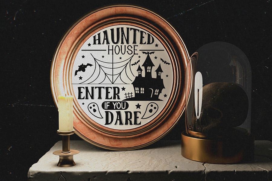 Halloween Round Sign SVG - Haunted House SVG