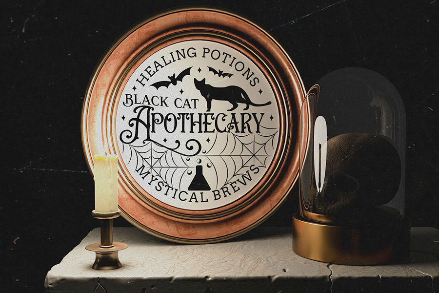 Black Cat Apothecary SVG | Halloween Round Sign SVG