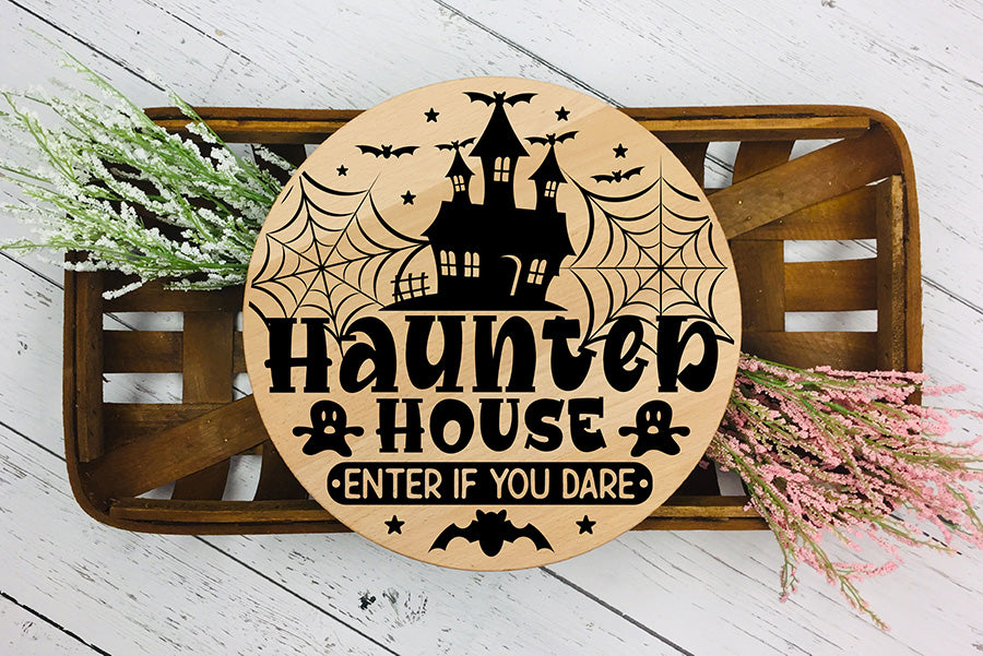 Haunted House Cut File, Halloween Round Sign SVG