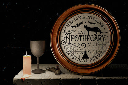 Black Cat Apothecary SVG | Halloween Round Sign SVG