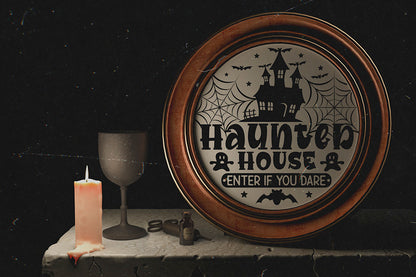 Haunted House Cut File, Halloween Round Sign SVG