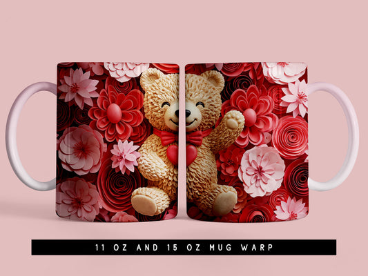 Teddy Bear Floral Valentine Mug Wrap PNG