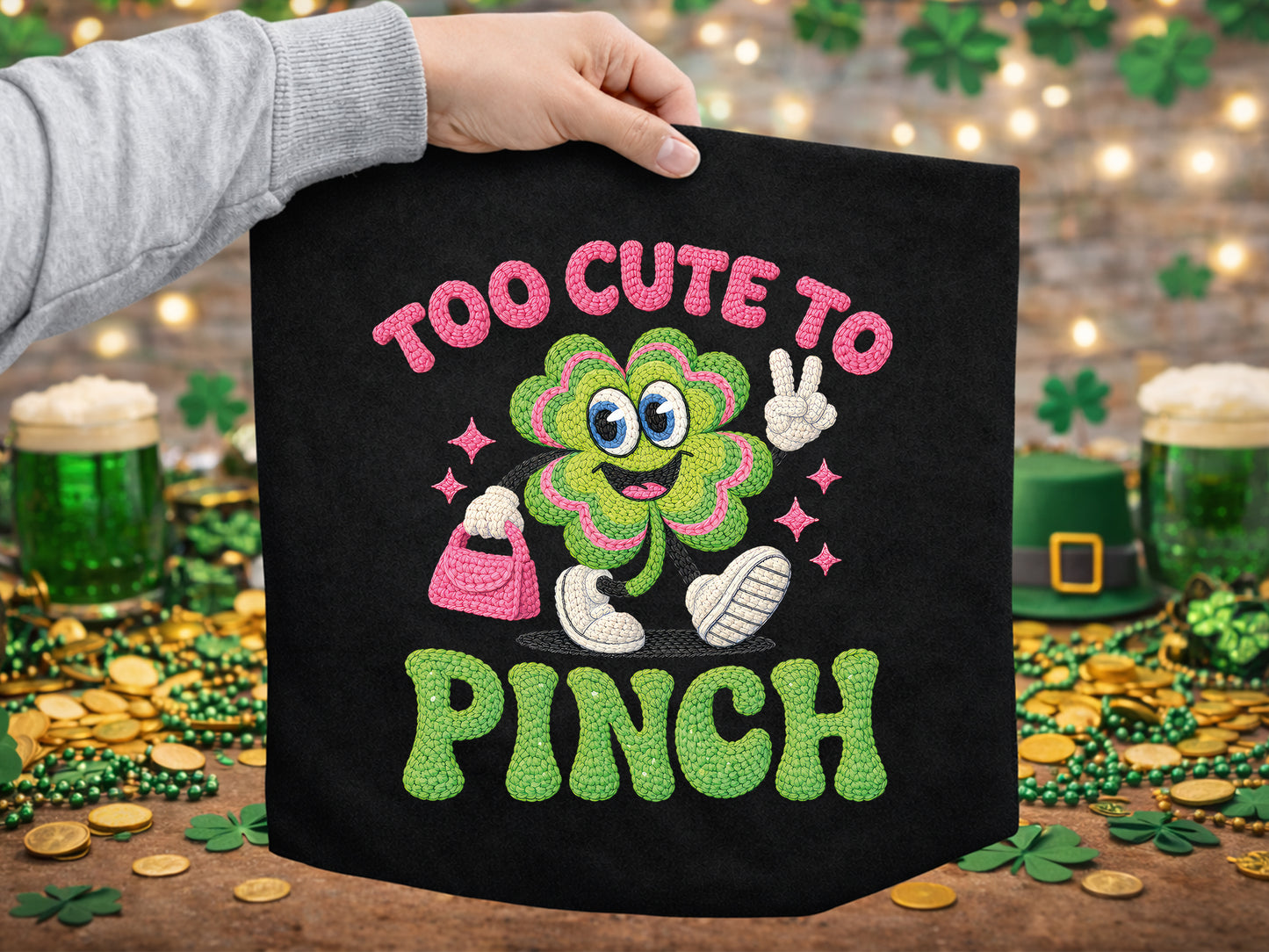 Too Cute To Pinch, Faux Yarn Knit St Patrick's PNG