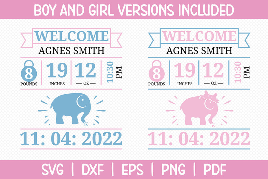 Baby Elephant Birth Stats Announcement SVG